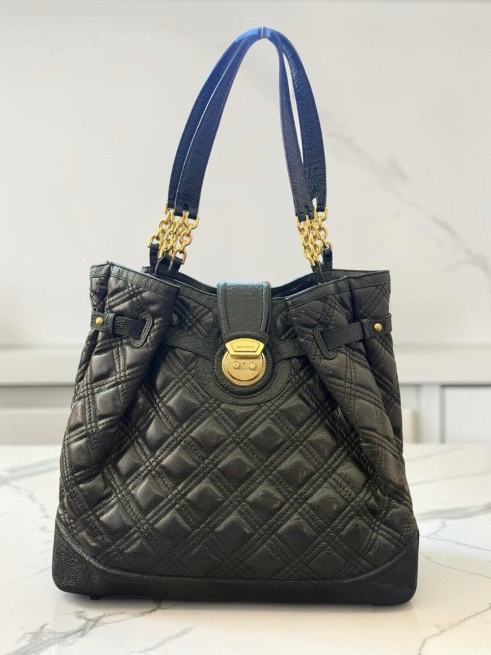 Brahmin Black Leather Quilted Tote Shoulder Bag Gold Hardware Large